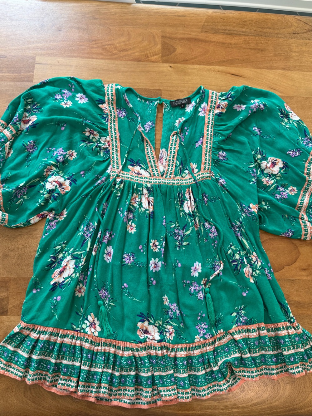 Rachel Zoe Emerald Green Floral Ruffle Hem Tunic Size Small